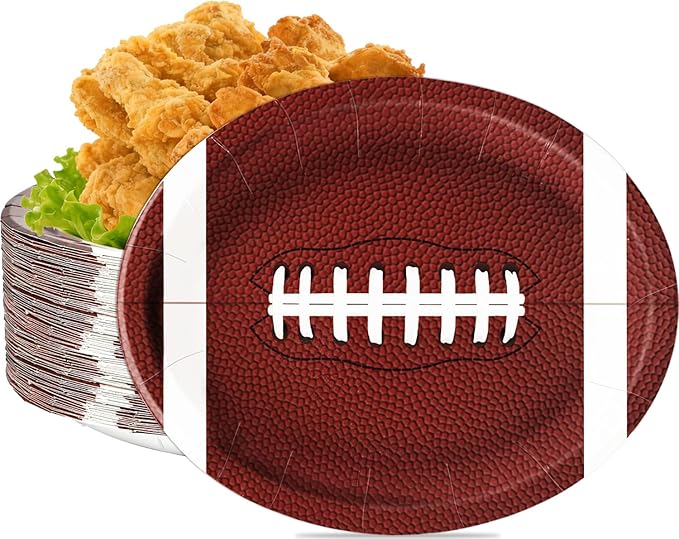 50PCS Football Plates, Large 9 x 11 inch Football Shaped Disposable Paper Plates for Football Birthday & Tailgate Party Decorations