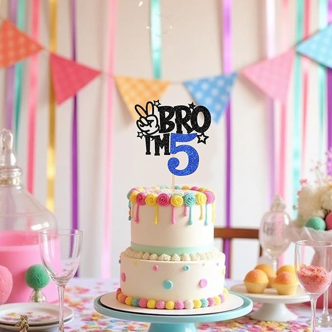 1 PCS Brother I'm 5 Cake Topper Glitter Star Happy 5th Birthday Cake Pick Bro I'm 5 Cake Decoration It's My 5th Birthday Decorations for Boys Cheers to 5 Years Old Birthday Party Supplies Blue