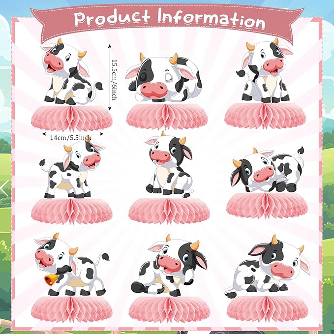 9 Pcs Pink Cow Honeycomb Centerpieces Farm Animals Cow Table Topper Honeycomb Pink Cow Theme Party Honeycomb 3D Cow Print Table Decoration for Party Baby Shower Western Party Supplies