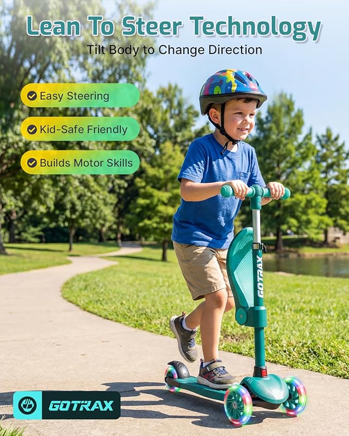 Gotrax KS3 Kids Kick Scooter, LED Lighted Wheels, Adjustable Height Handlebars and Removable Seat, Lean-to-Steer & Widen Anti-Slip Deck, 3 Wheel Scooter for Kids Ages 2-8 and up to 110 Lbs