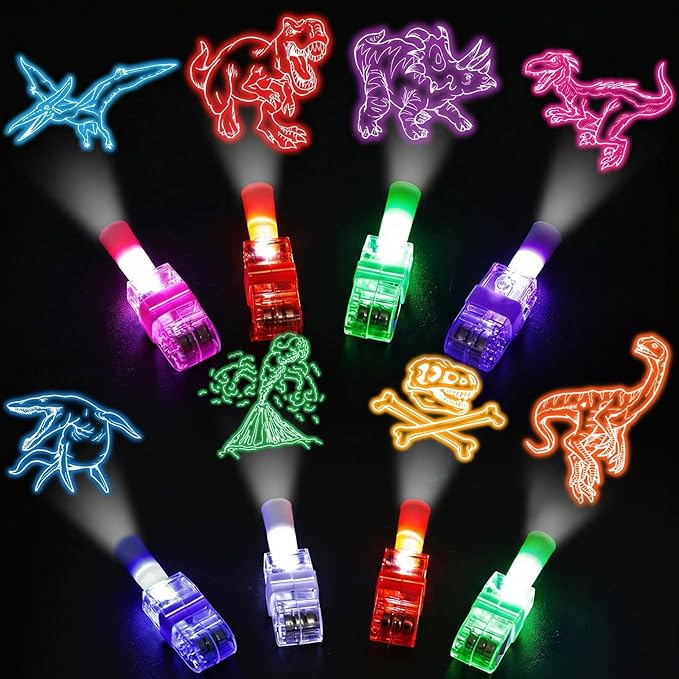 LovesTown 24PCS Dinosaur Party Favors, LED Light up Finger Lights Glow in The Dark Finger Flashlights for Birthday Party Decorations Easter Goodie Bags Fillers Classroom Prizes