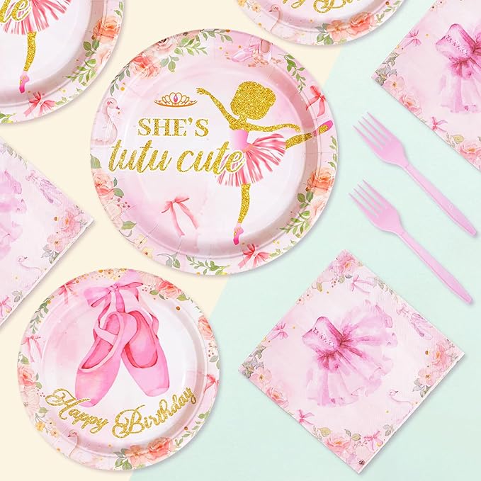 96Pcs Ballerina Birthday Party Decorations Tutu Cute Ballerina Plates and Napkins Tableware Sets Ballet Party Decorations for Girls Bday Baby Dancing Ballet Tutu Cute 2nd Birthday Supplies Serves 24