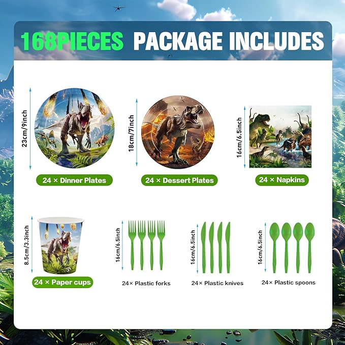 168pcs Dinosaur Party Supplies Dino Plates Napkins Disposable Tableware Set Paper Cups Green Forks Dinosaur Birthday Party Decorations for Boys Kids Birthday Decor Severs 24