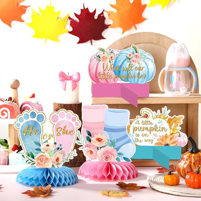 12 Pcs Fall Thanksgiving Gender Reveal Decoration What Will Our Little Pumpkin Be Honeycomb Centerpieces He or She Maple Pumpkin Thanksgiving Table Decoration Table Topper for Party Favors Supplies