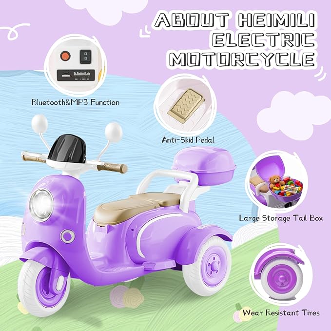 HEIMILI 12V Kids Electric Motorcycle for Girls, 3 Wheel Ride On Motorcycle for Kids 3-5 Years, Mini Battery Powered Motorbike with Bluetooth & MP3, Toddler Electric Ride On Toy, Purple