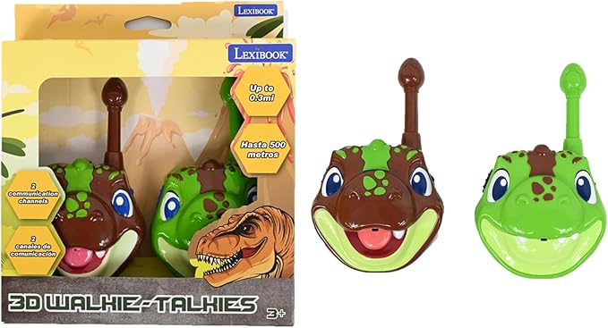 Lexibook, Dinosaur, Dinosaur 3D walkie-talkies, 500m Range, 2 Communication Channels, Belt Clip, Grey/Brown, TW18DINO
