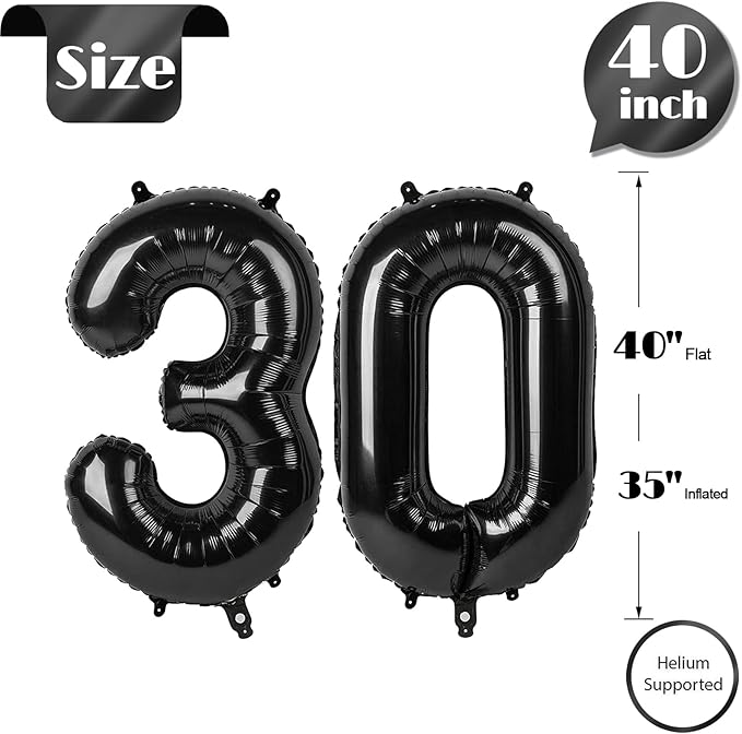 Black Number 30 Balloon 40 inch, 30 Number Balloons, 30th Black Birthday Decorations, 30 Year Old Women Men Party Supplies