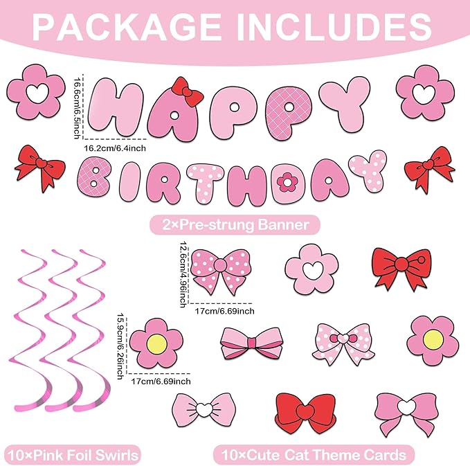 Pink Bow Birthday Party Decorations Bow Happy Birthday Banners Pink Hanging Swirl Cartoon Cat Theme Party Supplies Cute Bowknot Cutout Streamers for Girls Baby Shower Coquette Bachelorette Party Decor