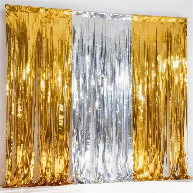 3 Packs Gold Silver Foil Fringe Curtains, Birthday Party Decorations Backdrop Tinsel Steamer, Wedding Engagement Bridal Shower Party Decorations Retirement Decor Graduation Party Backdrop