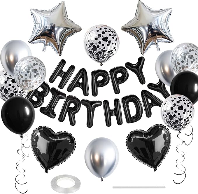 27 Pcs Black Silver Birthday Decorations, 3D Letters Black Happy Birthday Balloon Banner, Pentagram Heart Foil Balloons Confetti Balloons Kit For Boys Girls Party Supplies