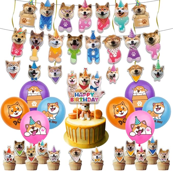 Shiba Inu Party Decorations Suit Cute Shiba Inu Theme Birthday Banner Hanging Swirl Party Cake Topper Balloons Cupcake Toppers Shiba Inu Birthday Party Supplies With Different Dog Faces