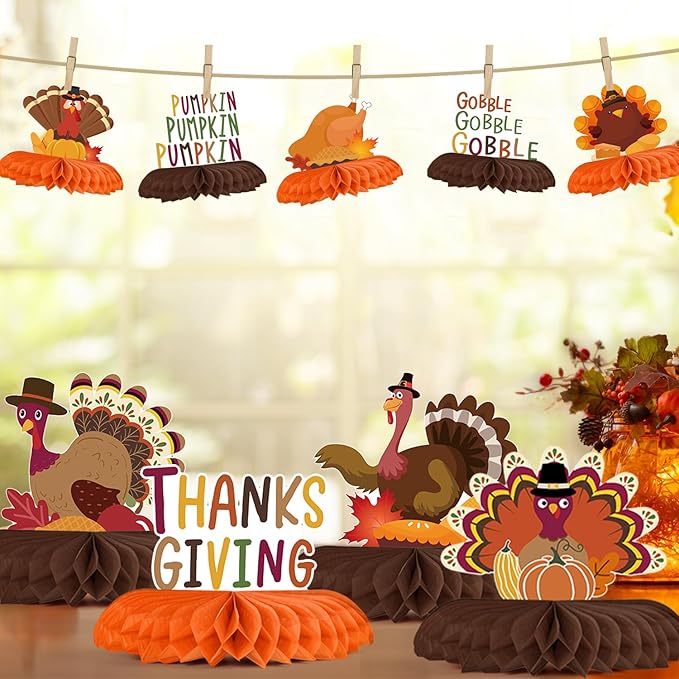 Horaldaily 9PCS Thanksgiving Party Table Decoration Centerpieces, Thanksgiving Autumn Harvest Gobble Turkey Honeycomb Centerpieces Table Toppers for Fall Thanksgiving Themed Birthday Party