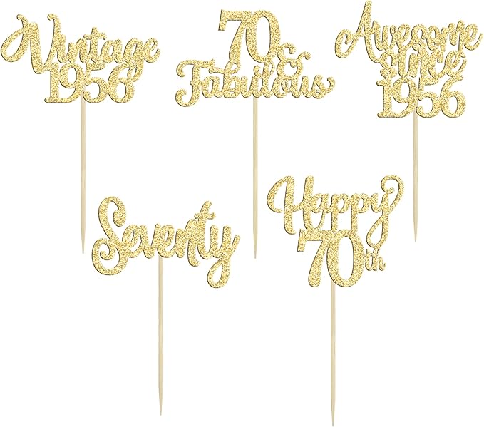30Pcs Vintage 1955 Cupcake Toppers Glitter Seventy Happy 70th Birthday 70 Fabulous Cupcake Picks Cheers to 70 Years for 70th Birthday Wedding Anniversary Party Cake Decorations Supplies Gold
