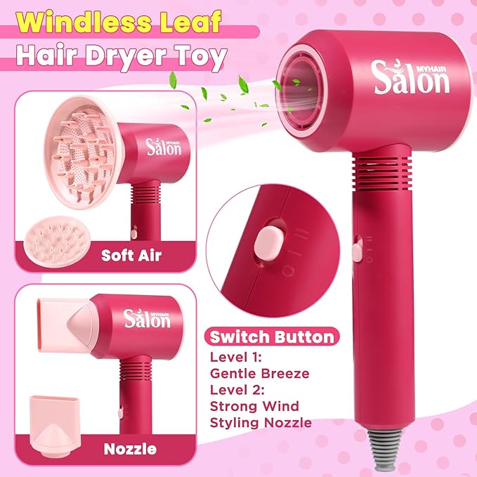 GAGAKU Kids Pretend Play Hair Salon Set, Pink, 36 Piece Beauty Styling Accessories Kit with Toy Dryer, Scissors, Combs for Girls