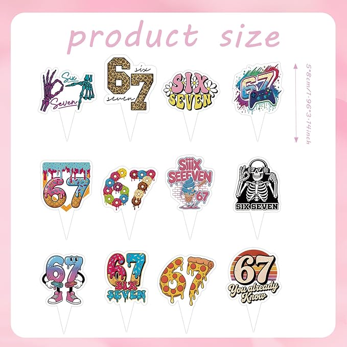 48PCS Six Seven Cupcake Toppers, Funny 6 7 Party Decorations Funny Six Seven Birthday Cake Decorations for Donut Ice Cream Baseball Meme 6 7 Theme Party Supplies