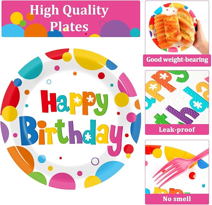 200Pcs Birthday Party Decorations Rainbow Birthday Plates Tableware Set Colorful Birthday Disposable Paper Plates Fork And Napkins Birthday Party Supplies Includes For Girls/Boys, Serves 50