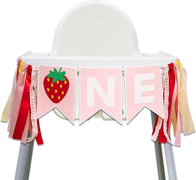 Strawberry First Birthday High Chair Banner - Berry Themed Party Decor, 1st Birthday Party Supplies For Baby Girls And Boys, Strawberry Themed Banner, Photo Props
