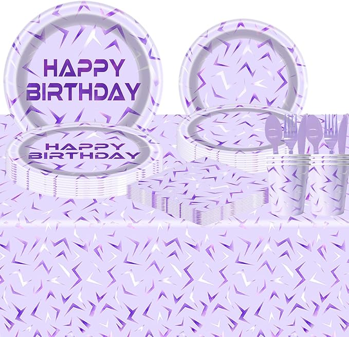 81Pcs Purple Demon Birthday Party Decorations Purple Demon Party Tableware Set for Boys Girls Theme Birthday Hunters Party Supplies Tablecloth,Plates, Napkins, Cups and Tableware