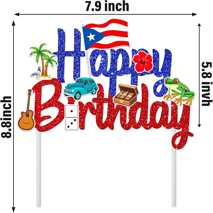 Puerto Rico Cake Topper Glitter Puerto Rican Theme Birthday Party Decoration Puerto Rican Cake Decorations Frog Cigar Vintage Car Cake Picks for National Day Patriotic Festival Supplies