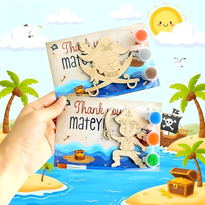 12 Pack Pirate Party Favors for Kids – Individually Wrapped Paint Your Own Wooden Magnet Craft Kits with Thank You Card, Treasure Hunt Birthday Supplies for Boys & Girls