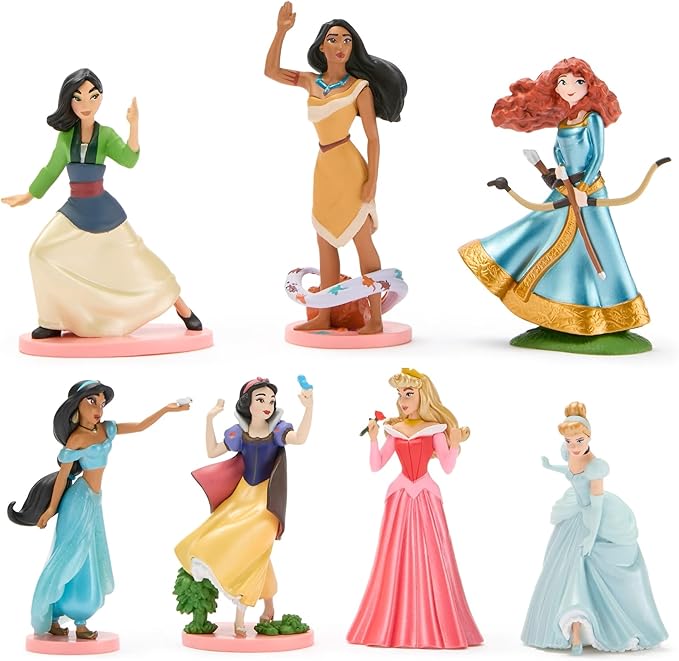 Disney Store Official Princess Figure Set – 7 Fully Sculpted Disney Figures Including Cinderella, Mulan, Jasmine & More in Double-Tiered Box with Scenic Backgrounds