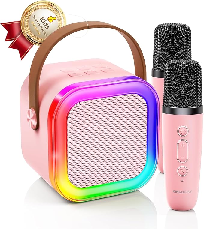 Kinglucky Mini Karaoke Machine for Kids, Top Birthday Gift Pick for Girls Ages 3, 4, 5, 6, 7, 8, 9, 10, 11, 12 Years Old, Kids' Personal Video Players Accessories with 2 Mics Valentines Day Gifts Pink