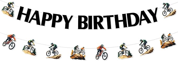 JOYMEMO Mountain Bike Birthday Banners, BMX Bicycle Birthday Decorations for Teens Adults, Sports Racing Bikes Theme Party Supplies Pre-strung