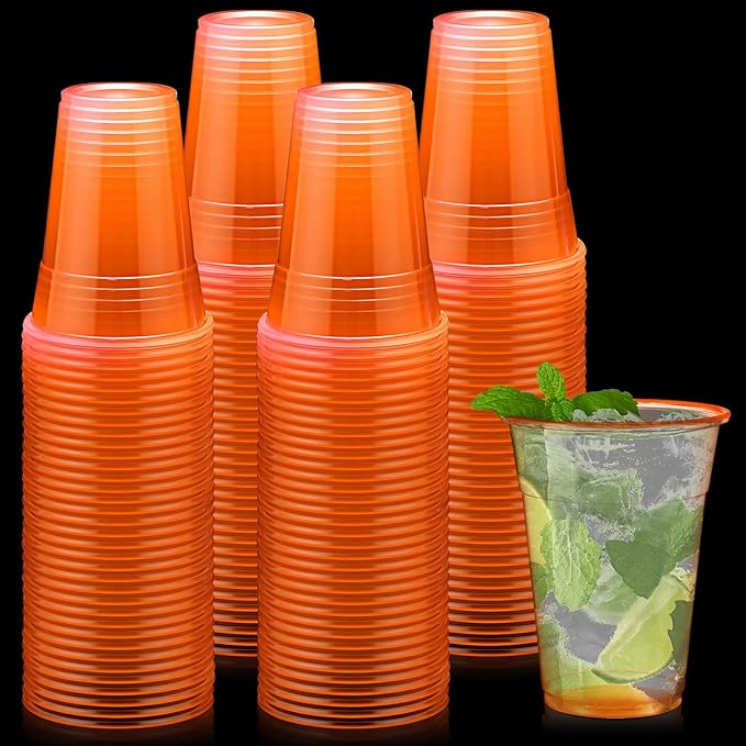 LemonRoad 50 Pack Blacklight Party Glow Cups 16 oz Plastic Neon Cups Disposable Glow in the Dark for Parties Birthdays 80s Themed Events(Orange)