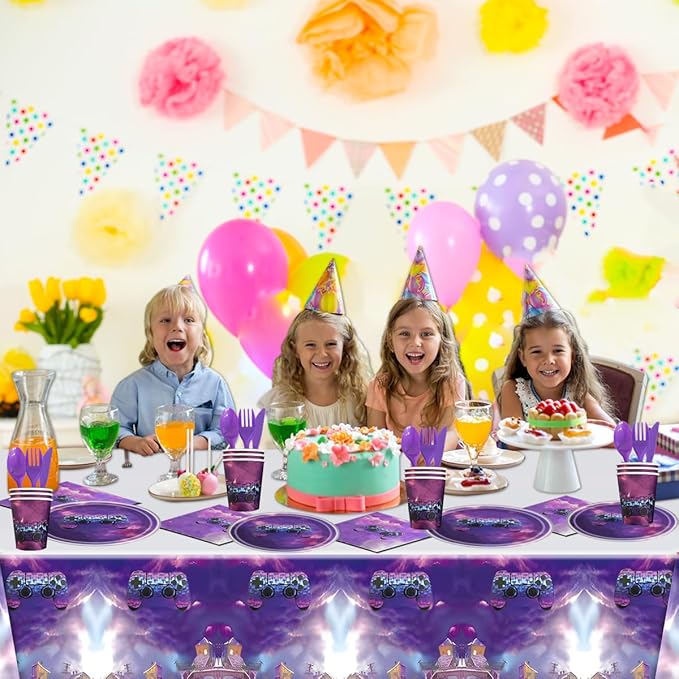 81Pcs Purple Games Party Tableware Set Games Party Decoration Purple Games Birthday Party Supplies