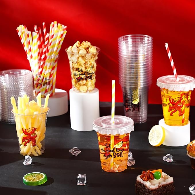Domensi 50 Sets Plastic Crawfish Boil Cups with Straws 12 oz Disposable Plastic Cups Bulk Crawfish Boil Party Supplies Seafood Party Favors Lobster Feast Birthday Table Decorations