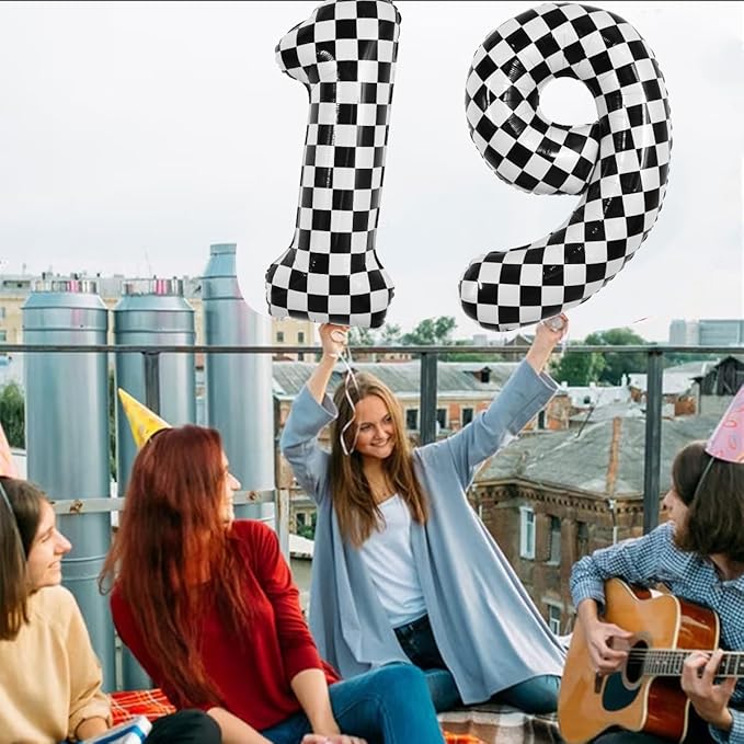 TONIFUL 40 Inch Checkered Number 9 Balloon 9th Race Car Birthday Party Supplies Black and White Large Number Balloon for Girls Boys 9th Birthday Fast Race Car Flag Party Decorations