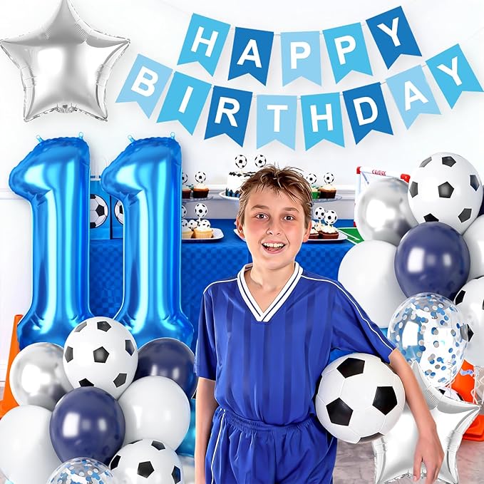 Soccer Birthday Party Decoration for Boys, 11th Soccer Party Decorations with Navy Blue White Silver Balloons 'HAPPY BIRTHDAY' Banner 32in Foil 11 Balloon for Boy Kids Birthday Baby Shower Decor