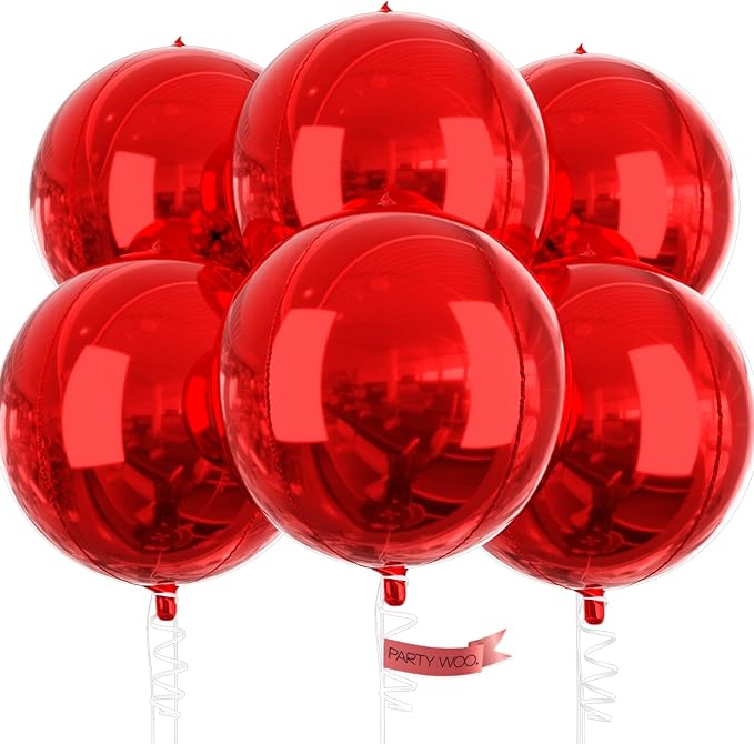 PartyWoo Red Foil Balloons 6pcs 22 Inch Large Round Foil Big Giant 4D Jumbo Inflatable Mirror Ball Mylar Balloons for Graduation Birthday Anniversary Casino Cherry Citizenship Party Decorations