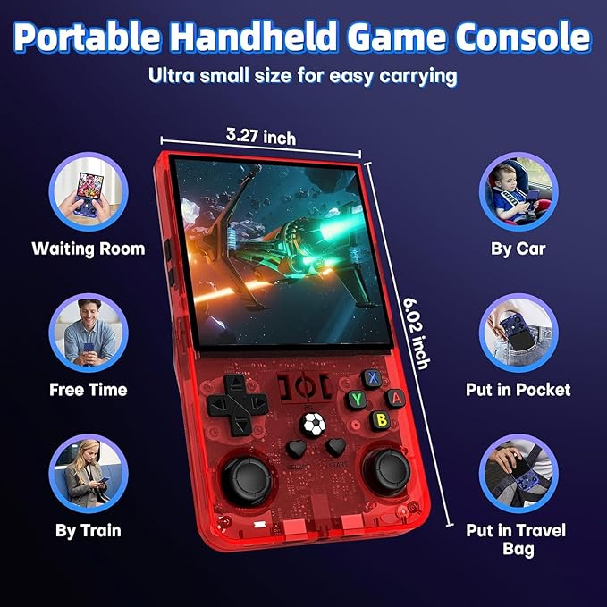 R36MAX Retro Handheld Game Console, 4.0 inch Retro Gaming Console with 64GB Memory, Portable Retro Video Games Console, 4000mAh Battery, Support 30+ Emulators, Transparent Red