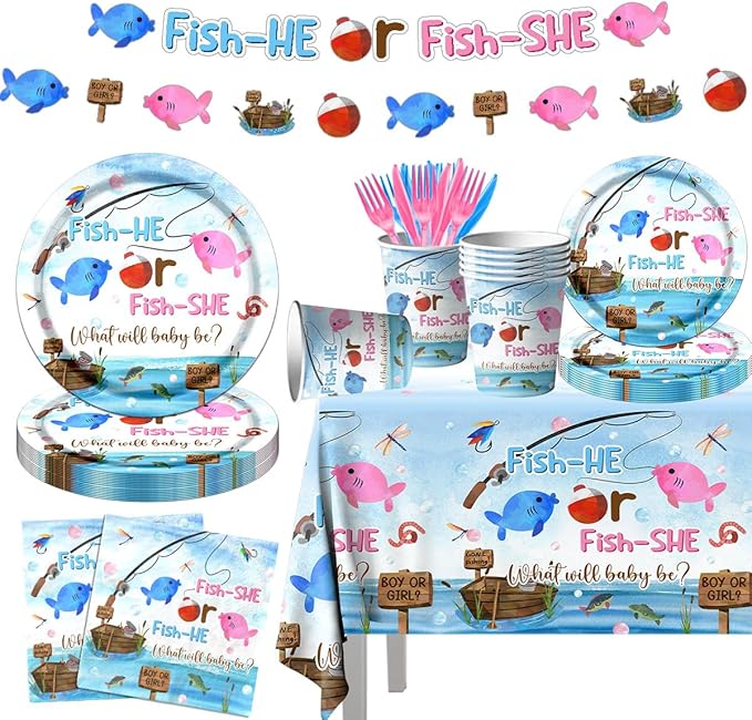 GREHUMOR Gone Fishing Gender Reveal Party Tableware 142Pcs Fish She or Fish He Gender Reveal Disposable Tablecloth,Plates,Napkins,Cups,Forks and Knives for Baby Shower Decoration of Gender Reveal