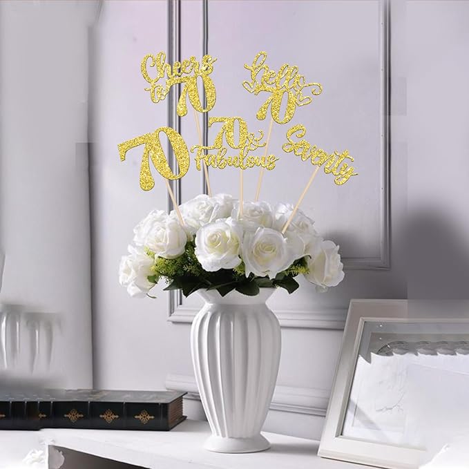 15PCS Happy 70th Birthday Centerpiece Sticks Hello 70 Fabulous Table Flower Centerpieces Sticks Seventy Cheers to 70 Years Floral Decoration for Happy 70th Birthday Party Centerpieces Sticks Gold