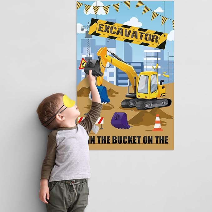 Hxezoc Pin The Bucket on The Excavator Game With 32 Pcs Buckets Large Construction Party Games Poster for Kids Birthday Party Construction Party Supplies