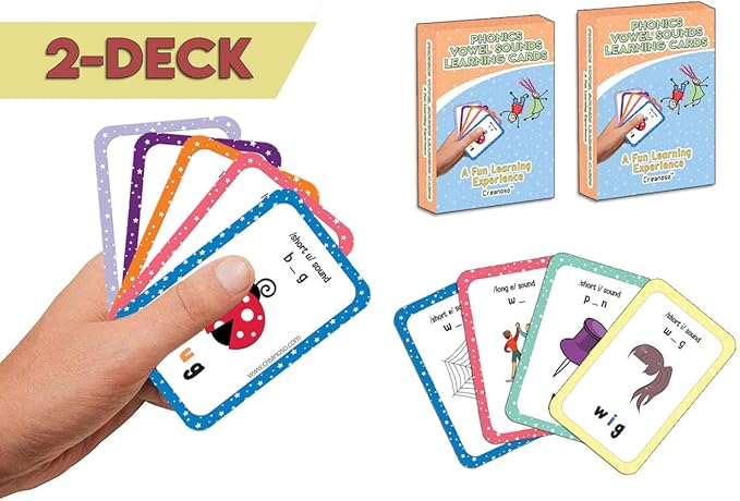 Creanoso Phonics Vowel Sounds Learning Cards for Boys Girls (2-Deck) – Learning Day Care Classroom Nursery Home Teaching Supplementary Educational Card Pack for Parent Teachers Boys Girls