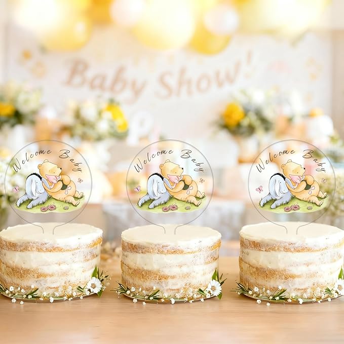 Classic Bear Cake Topper Acrylic 5x7" Vintage Style for Baby Shower Decorations, Winnie Themed Birthday Party Supplies, Oh Baby Welcome Home Cake Decor, Sturdy & Washable Keepsake