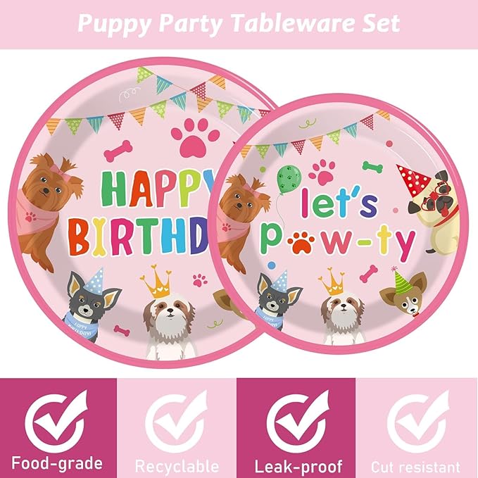 98pcs Dog Birthday Party Decorations Puppy Tableware Set Plates Napkins Pink Dog Theme Tablecloth for Girl Birthday Lets Pawty Party Supplies Kit Pet Dogs Table Cover Dinnerware Paw Print Theme Favors