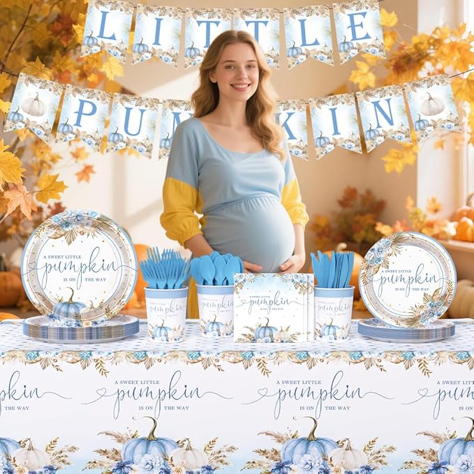 194Pcs Fall Pumpkin Baby Shower Decorations for Boys, Boho Floral Pampas Grass Little Pumpkin Party Supplies Disposable Tableware Set Plates Napkins Banners Plastic Tablecloth for Baby Shower