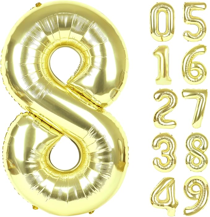 Light Gold Foil Number 8 Balloon 40 Inch, Helium Mylar Eight Number 8 18 28 38 48 58 80 88 Birthday Balloons, 8th Champagne Gold Women Men Wedding Anniversary, Graduations Party Supplies