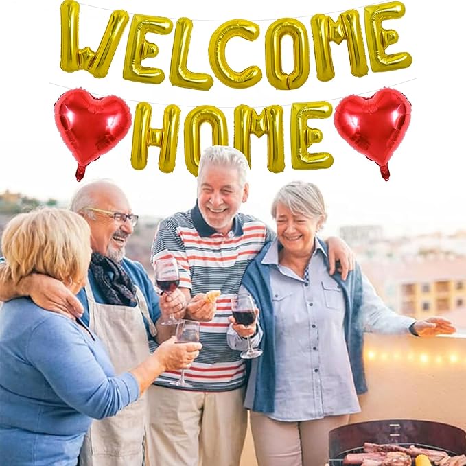 TONIFUL Welcome Home Balloons,16 Inch Gold Welcome Home Foil Balloons Banner Welcome Home Party Decorations for Homecoming Party Decorations House Warming Party Family Gathering Supplies