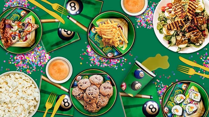 Billiards Party Supplies - Pool Table Plates and Napkins - Adult Birthday Supplies - Father's Day Tableware Set Includes Plates Napkins Cups - Kit for 16