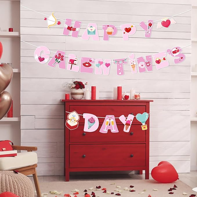 Happy Galentine's Day Banner Pink Galentine’s Day Garlands Decorations with Heart Valentines Day Banner for Girls Ladies Friends Galentines Day Decoration