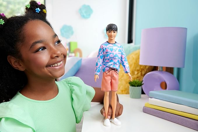 Barbie Fashionistas Ken Doll #219 with Slender Body Wearing a Removable Long-Sleeve Pink & Blue Patterned Shirt with Shorts