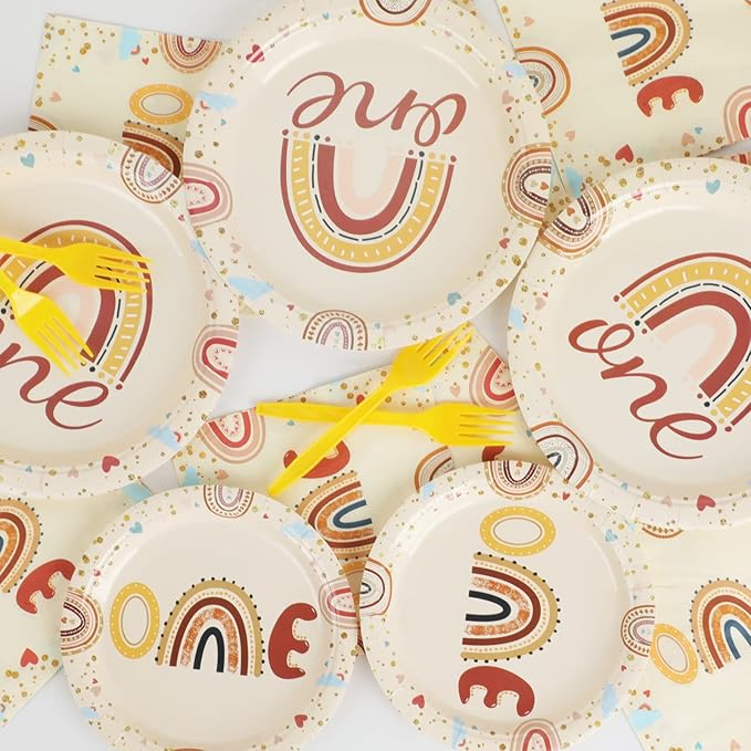 96 Pcs Boho Rainbow Party Plates and Napkins Party Supplies Boho Rainbow 1st Birthday Party Tableware Set Boho One Party Decorations Favors for Baby Girls Boys Birthday Baby Shower Serves 24