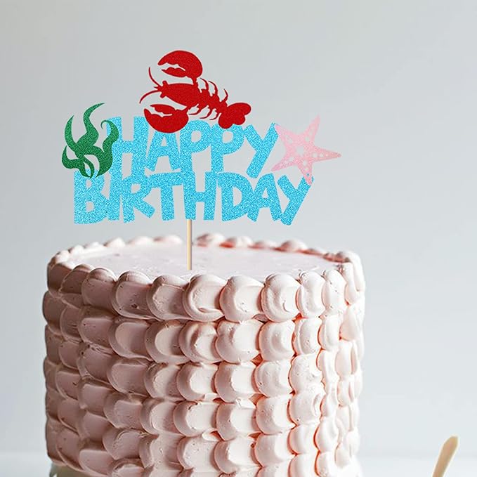 1 Pack Crawfish Happy Birthday Cake Topper Glitter Lobster Starfish Seaweed Theme Birthday Cake Pick for Baby Shower Birthday Ocean Party Cake Decoration Supplies Blue
