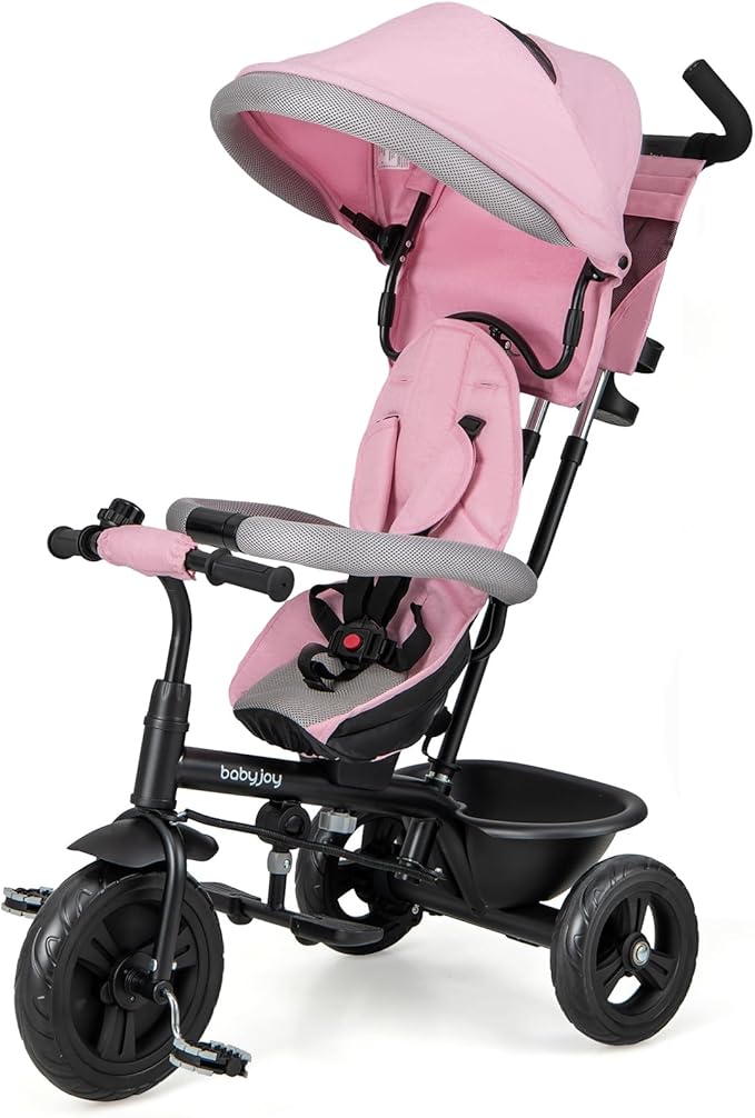 BABY JOY Tricycle, 4 in 1 Toddler Bike w/Removable Canopy, Adjustable Push Handle, Reversible Seat, Safety Belt, Folding Footrest & Storage Basket, Toddler Tricycle for Boys Girls 9-60 Months (Pink)