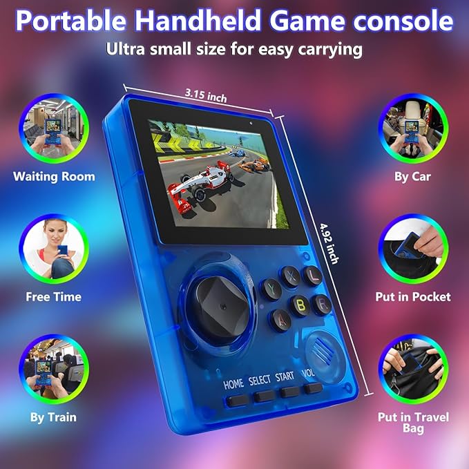 16 Bit Game Console 2.8-inch Super Wide Lcb Preloaded 100 HD Handheld Video Game Seniors Electronic Games Player Birthday Present Xmas (Transparent Blue)